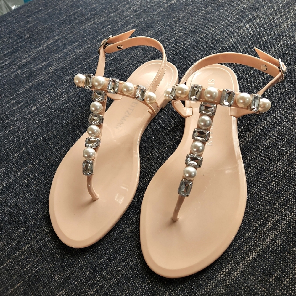 New Stuart Weitzman Goldie Jelly Crystal and Pearls Sandal